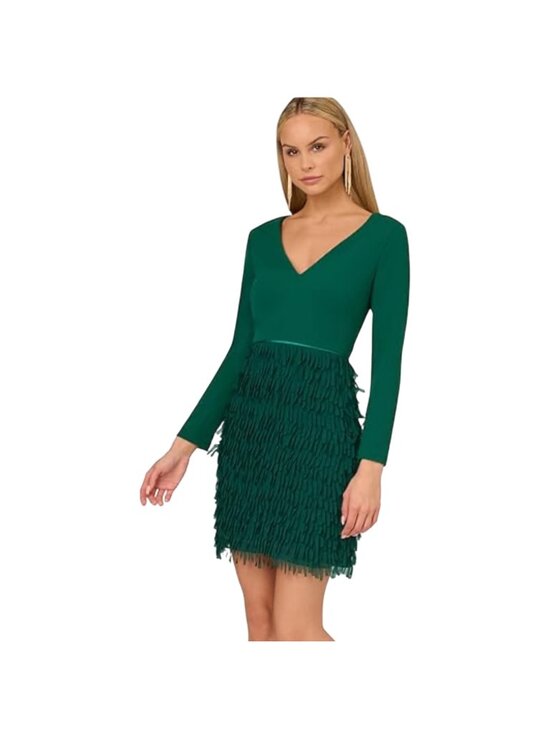 Adrianna Papell Dresses & Skirts - Adrianna Papell Dress 12 Green Long Sleeve Crepe & Chiffon Fringe Retro Cocktail